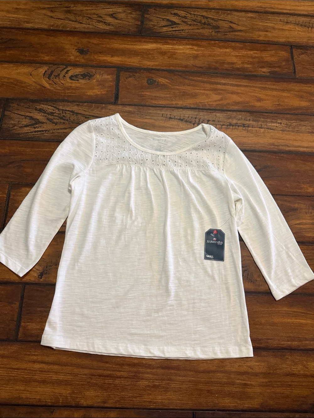 St. John's Bay NWT Cream 3/4 Sleeve Eyelet Yoke Neckline Top